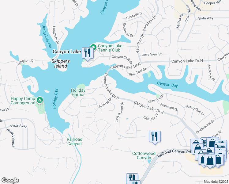 map of restaurants, bars, coffee shops, grocery stores, and more near 22461 Village Way Drive in Canyon Lake