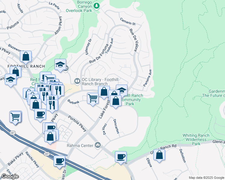 map of restaurants, bars, coffee shops, grocery stores, and more near 19405 Rue De Valore in Lake Forest