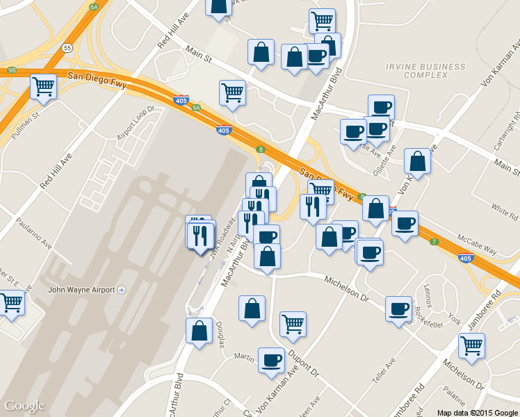 map of restaurants, bars, coffee shops, grocery stores, and more near 18601 North Airport Way in Santa Ana