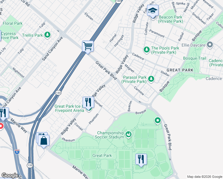 map of restaurants, bars, coffee shops, grocery stores, and more near 5197 2nd Street in Irvine