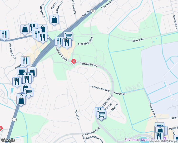 map of restaurants, bars, coffee shops, grocery stores, and more near 2155 Birchwood Circle in Myrtle Beach