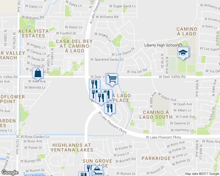 map of restaurants, bars, coffee shops, grocery stores, and more near 10061 West Deer Valley Road in Peoria
