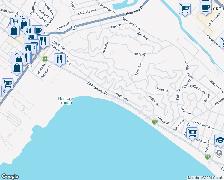 map of restaurants, bars, coffee shops, grocery stores, and more near 17452 Ryan Avenue in Lake Elsinore