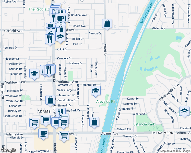 map of restaurants, bars, coffee shops, grocery stores, and more near 10411 Pago Pago Circle in Huntington Beach