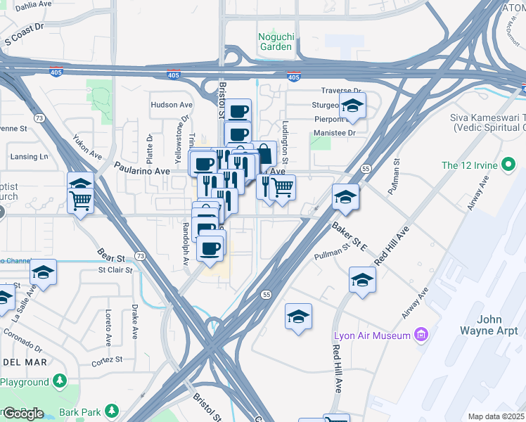 map of restaurants, bars, coffee shops, grocery stores, and more near 125 Baker Street East in Costa Mesa