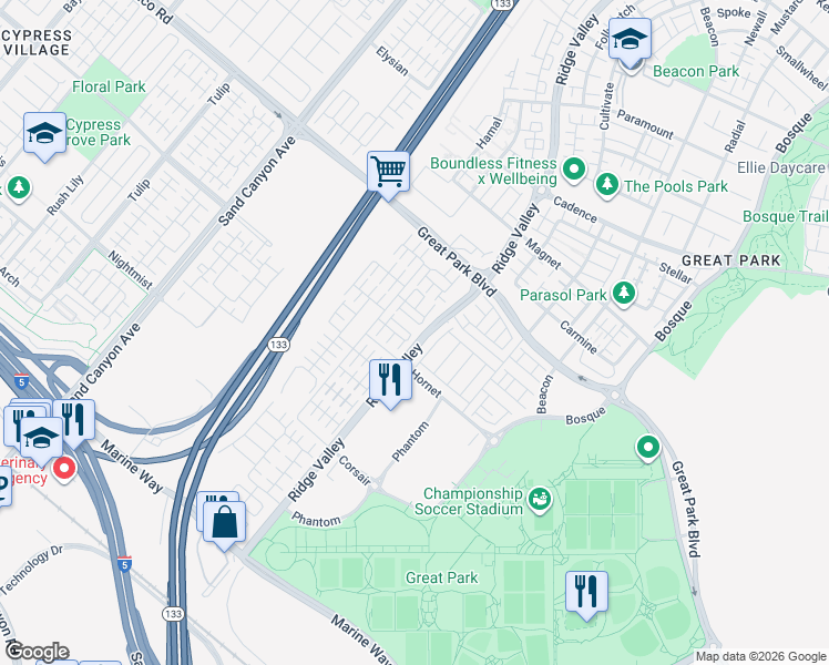 map of restaurants, bars, coffee shops, grocery stores, and more near 150 Briarberry in Irvine
