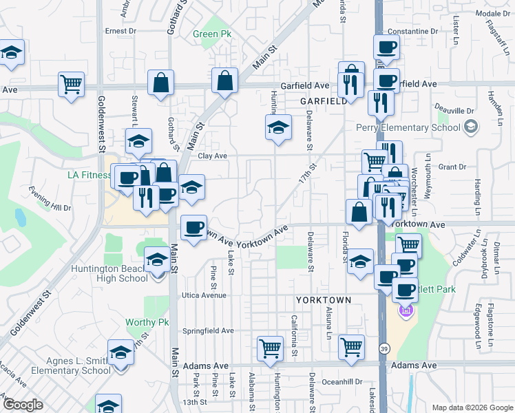 map of restaurants, bars, coffee shops, grocery stores, and more near 19451 Pompano Lane in Huntington Beach