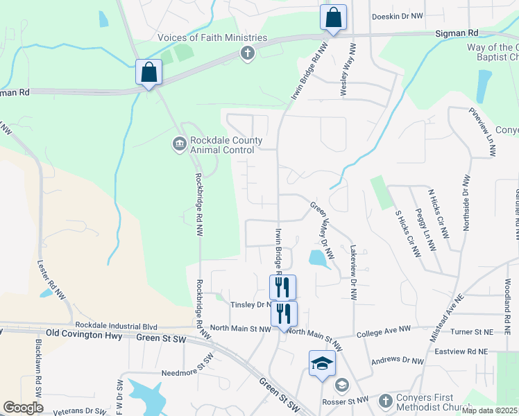 map of restaurants, bars, coffee shops, grocery stores, and more near 1160 Forest Villa Drive Northwest in Conyers