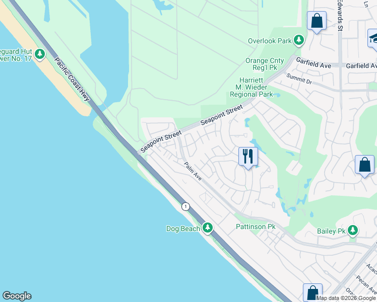 map of restaurants, bars, coffee shops, grocery stores, and more near 19362 Maidstone Lane in Huntington Beach