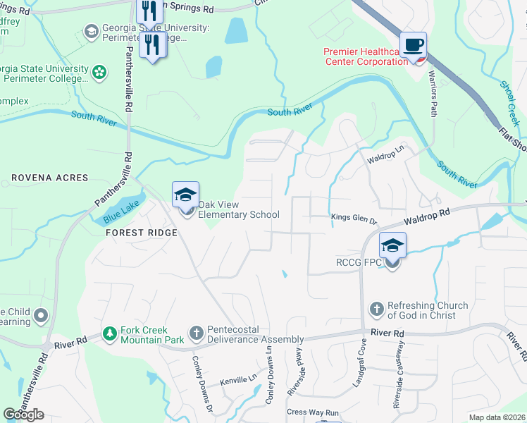 map of restaurants, bars, coffee shops, grocery stores, and more near 3048 River Oak Mews in Decatur