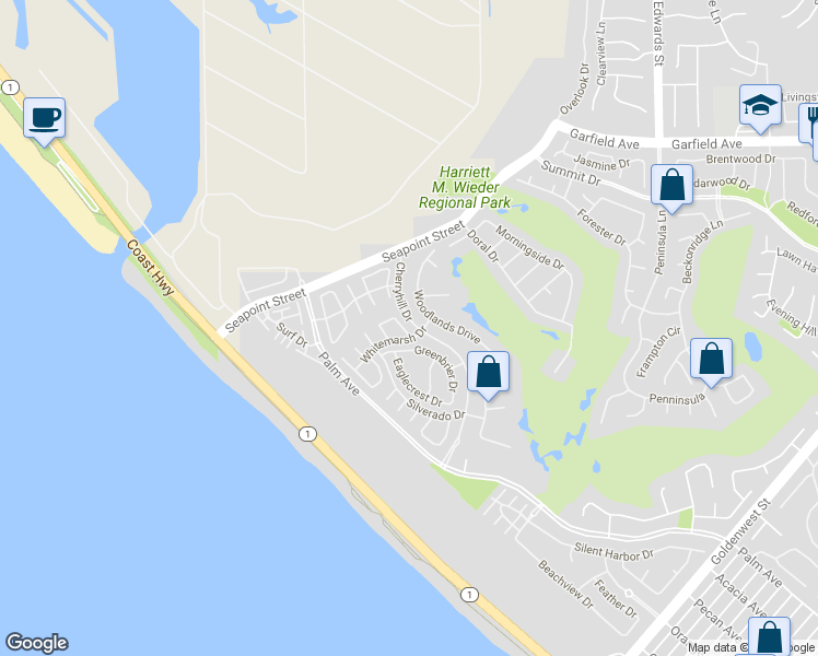 map of restaurants, bars, coffee shops, grocery stores, and more near 19336 Sawgrass Lane in Huntington Beach