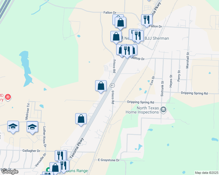 map of restaurants, bars, coffee shops, grocery stores, and more near 4060 Texoma Parkway in Sherman