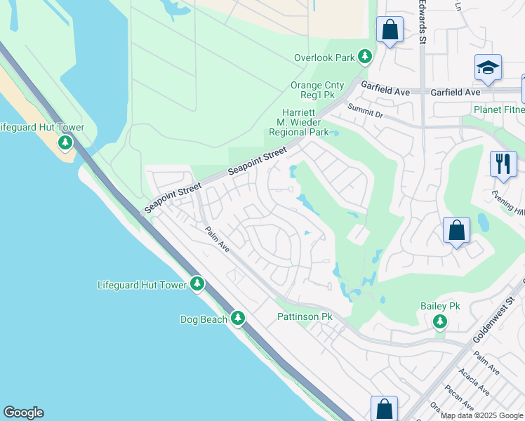 map of restaurants, bars, coffee shops, grocery stores, and more near 19336 Sawgrass Lane in Huntington Beach