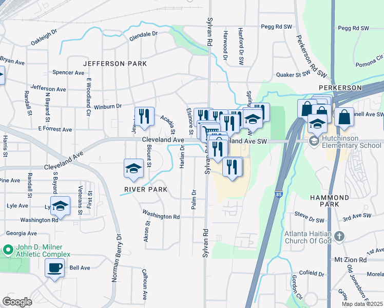 map of restaurants, bars, coffee shops, grocery stores, and more near 941 Reed Avenue in East Point