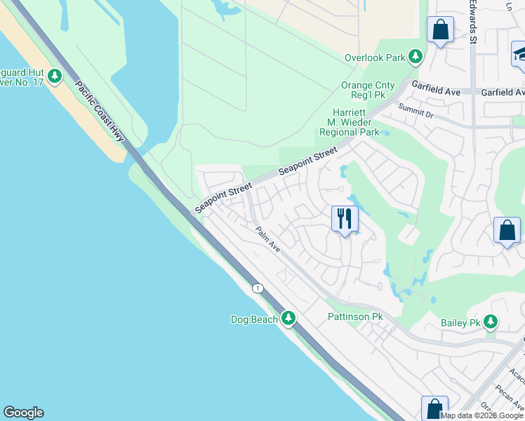 map of restaurants, bars, coffee shops, grocery stores, and more near 19362 Maidstone Lane in Huntington Beach