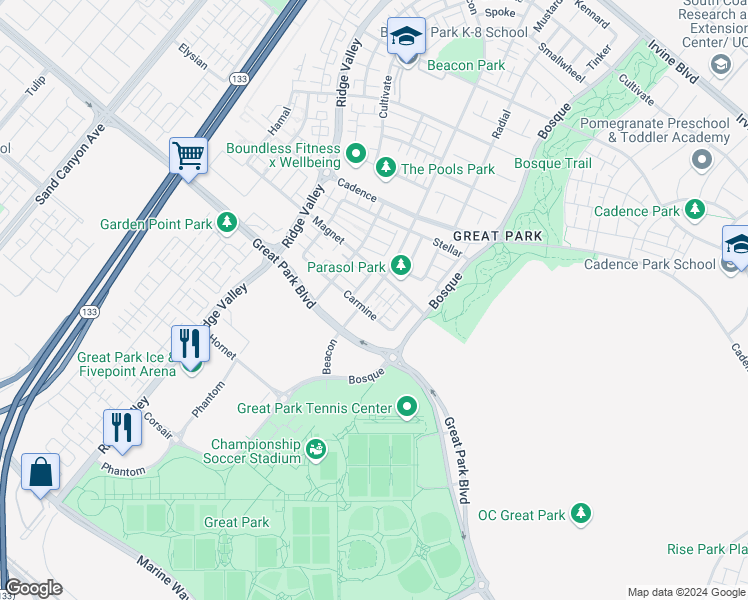 map of restaurants, bars, coffee shops, grocery stores, and more near 291 Carmine in Irvine