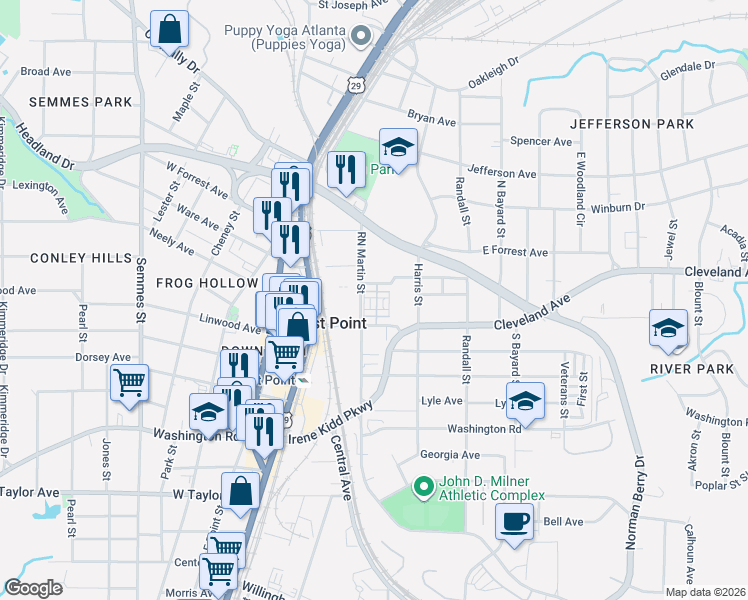 map of restaurants, bars, coffee shops, grocery stores, and more near 2718 RN Martin Street in East Point