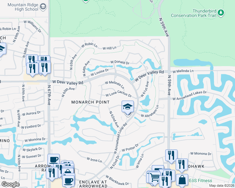 map of restaurants, bars, coffee shops, grocery stores, and more near 6296 West Abraham Lane in Glendale