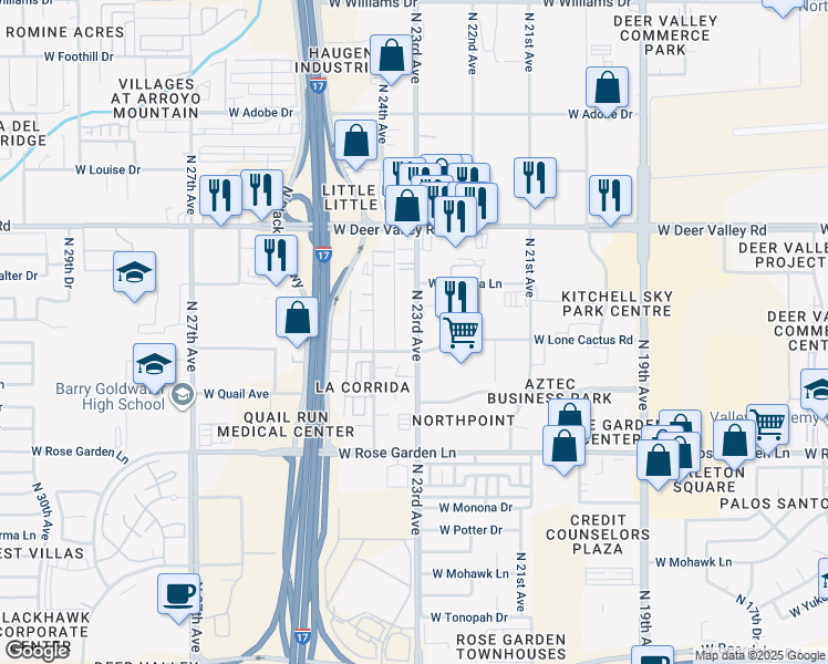 map of restaurants, bars, coffee shops, grocery stores, and more near 21427 North 23rd Avenue in Phoenix