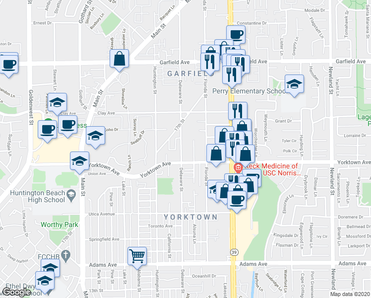 map of restaurants, bars, coffee shops, grocery stores, and more near 2628 Delaware Street in Huntington Beach