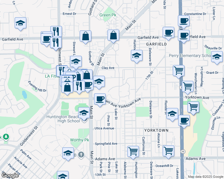 map of restaurants, bars, coffee shops, grocery stores, and more near 7371 Seabluff Drive in Huntington Beach