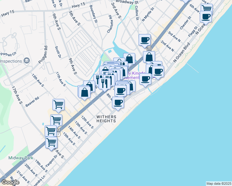 map of restaurants, bars, coffee shops, grocery stores, and more near 680 Mitchell Drive in Myrtle Beach