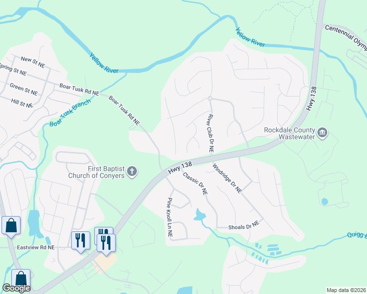 map of restaurants, bars, coffee shops, grocery stores, and more near 1538 Riverbrooke Way Northeast in Conyers