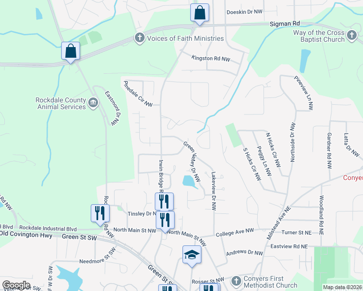 map of restaurants, bars, coffee shops, grocery stores, and more near 1067 Laurel Lane Northwest in Conyers