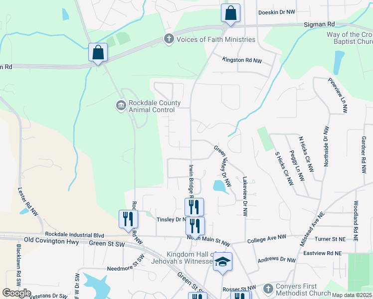 map of restaurants, bars, coffee shops, grocery stores, and more near 1140 Forest Villa Drive Northwest in Conyers