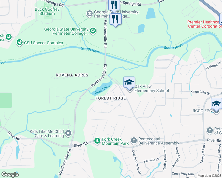 map of restaurants, bars, coffee shops, grocery stores, and more near 3550 Panthersville Road in Decatur