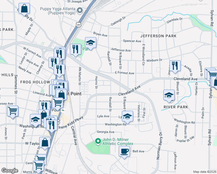 map of restaurants, bars, coffee shops, grocery stores, and more near 1365 Carnegie Avenue in East Point