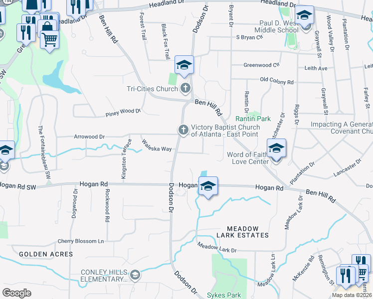map of restaurants, bars, coffee shops, grocery stores, and more near 2654 Arrowood Drive in East Point