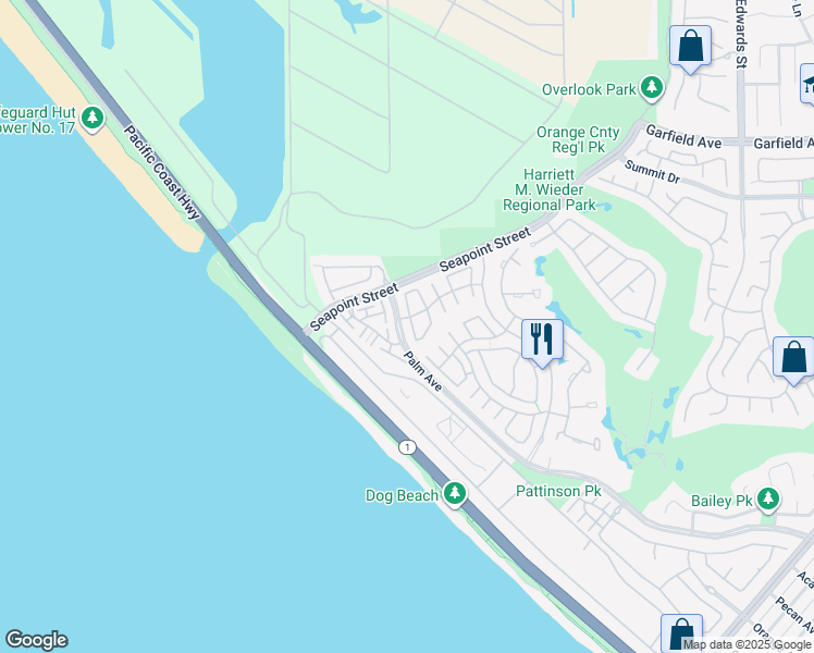 map of restaurants, bars, coffee shops, grocery stores, and more near 19355 Maidstone Lane in Huntington Beach