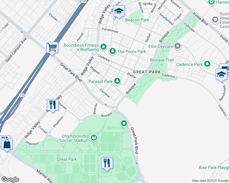 map of restaurants, bars, coffee shops, grocery stores, and more near 249 Carmine in Irvine