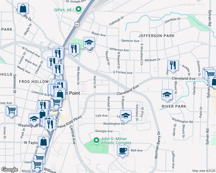 map of restaurants, bars, coffee shops, grocery stores, and more near 1364 Carnegie Avenue in East Point
