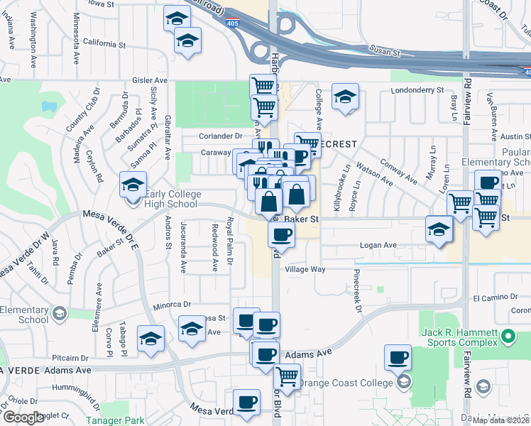 map of restaurants, bars, coffee shops, grocery stores, and more near 3011 Harbor Boulevard in Costa Mesa