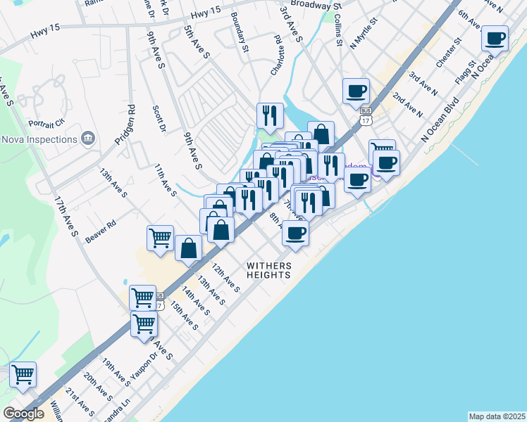 map of restaurants, bars, coffee shops, grocery stores, and more near 811 South Kings Highway in Myrtle Beach