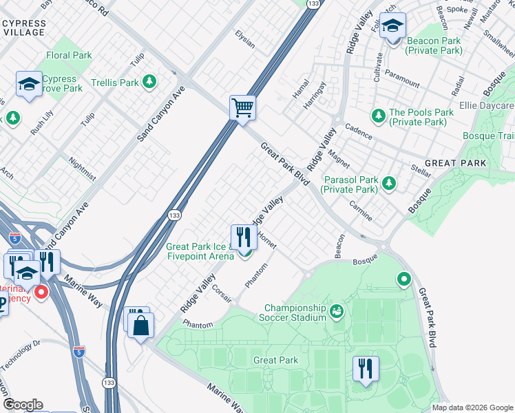 map of restaurants, bars, coffee shops, grocery stores, and more near 102 Briarberry in Irvine