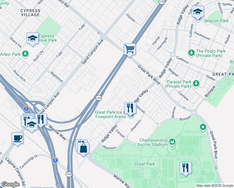 map of restaurants, bars, coffee shops, grocery stores, and more near 133 Augustine in Irvine