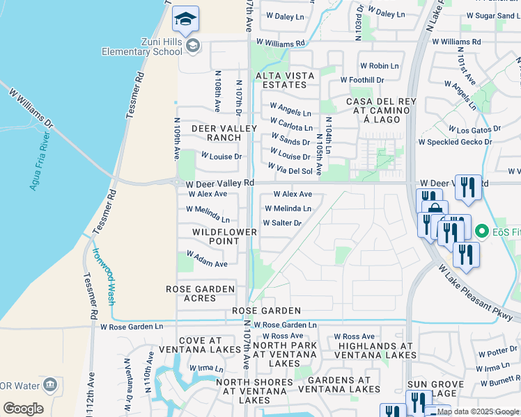 map of restaurants, bars, coffee shops, grocery stores, and more near 12773 West Melinda Lane in Peoria