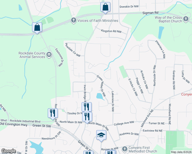 map of restaurants, bars, coffee shops, grocery stores, and more near 1067 Laurel Lane Northwest in Conyers