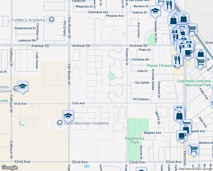 map of restaurants, bars, coffee shops, grocery stores, and more near 50575 Chiapas Drive in Coachella