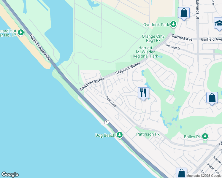 map of restaurants, bars, coffee shops, grocery stores, and more near 19373 Peachtree Lane in Huntington Beach