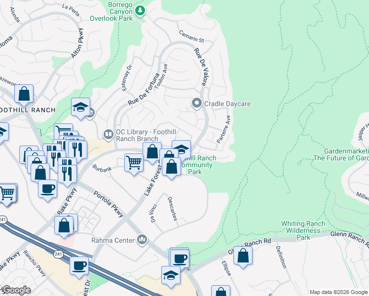 map of restaurants, bars, coffee shops, grocery stores, and more near 19329 Rue De Valore in Lake Forest