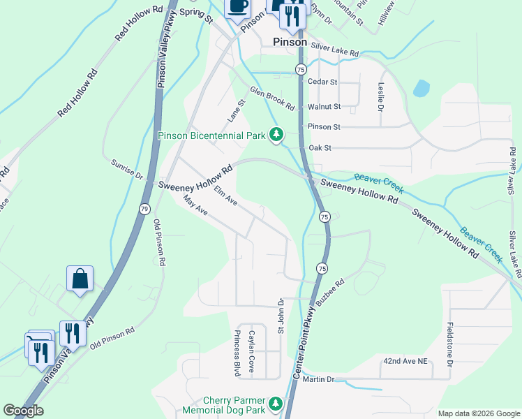 map of restaurants, bars, coffee shops, grocery stores, and more near 6074 Elm Avenue in Pinson