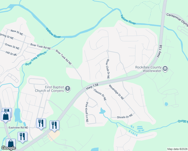 map of restaurants, bars, coffee shops, grocery stores, and more near 1538 Riverbrooke Way NE in Conyers