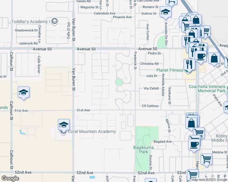 map of restaurants, bars, coffee shops, grocery stores, and more near 50575 Chiapas Drive in Coachella
