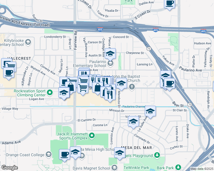 map of restaurants, bars, coffee shops, grocery stores, and more near 3003 Fillmore Way in Costa Mesa