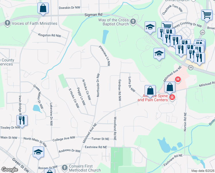 map of restaurants, bars, coffee shops, grocery stores, and more near 1414 Honeysuckle Drive Northwest in Conyers