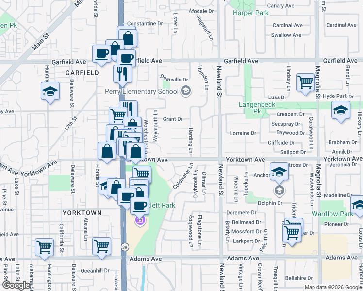 map of restaurants, bars, coffee shops, grocery stores, and more near 8291 Polk Circle in Huntington Beach